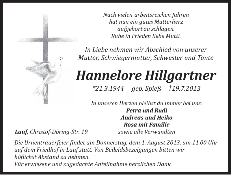  Traueranzeige für Hannelore Hillgartner vom 27.07.2013 aus Pegnitz-Zeitung